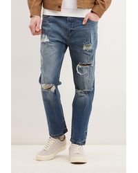 Burton - Straight Leg Cropped Mid Blue Heavy Ripped Jeans - Lyst