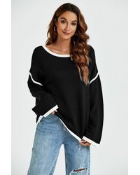 FS Collection - White Striped Detail Oversized Jumper Top In Black - Lyst