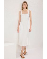 WOVCOR - Square Neck Thick Strap Midi Dress W/ Corset Seam Detail - Lyst