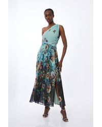 Karen Millen - Tall Printed Pleated Yoryu Crinkle Woven Maxi Dress - Lyst