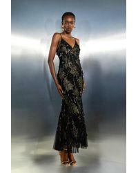 Karen Millen - Tall Floral Applique Metallic Viscose Georgette Strappy Woven Maxi Dress - Lyst