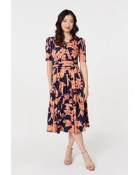 Izabel London - Floral 1/2 Sleeve Faux Wrap Midi Dress - Lyst