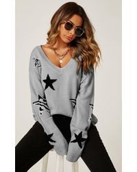 FS Collection - Relaxed Soft V Neck Animal Star Pattern Jumper Top - Lyst
