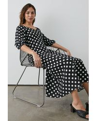 PRINCIPLES - Black Spot Print Sweetheart Puff Sleeve Midi Dress - Lyst