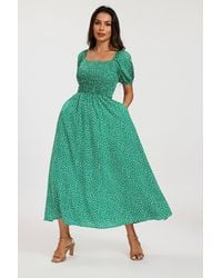 FS Collection - Floral Shirred Square Neck Midi Dress With Puff Sleeves - Lyst