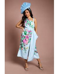 Coast - Petite Lisa Tan Placement Print Satin Floral Bow Detail Midi Dress - Lyst