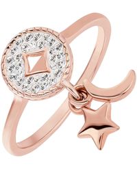 The Fine Collective - Sterling Silver Rose Gold Plated Crystal Crescent Moon & Star Charm Ring - Lyst
