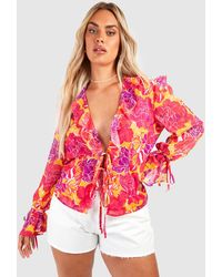 Boohoo - Plus Abstract Floral Tie Front Ruffle Blouse - Lyst