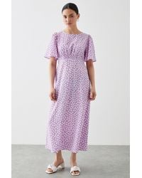 Dorothy Perkins - Petite Lilac Spot Flutter Sleeve Shirred Waist Midi Dress - Lyst