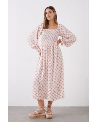 Dorothy Perkins - Pink Print Shirred Bodice Midi Dress - Lyst
