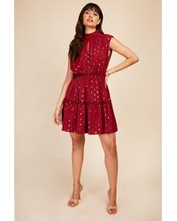 Little Mistress - Berry Foil Tiered Mini Dress - Lyst