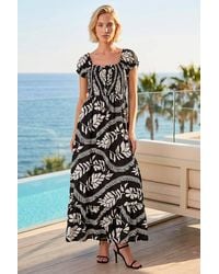 Roman - Leaf Print Shirred Maxi Dress - Lyst