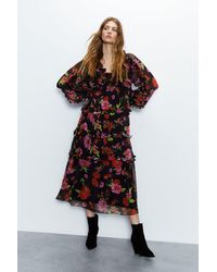 Warehouse - Floral Chiffon Ruffle Maxi Dress - Lyst