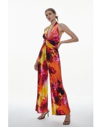 Karen Millen - Floral Print Wide Leg Jersey Jumpsuit - Lyst