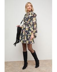 Oasis - Printed Ruched High Neck Mini Fit And Flare Dress - Lyst