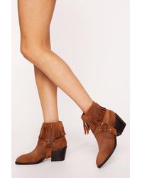 Nasty Gal - Tarnished Suede Fringe Harness Ankle Cowboy Boots - Lyst