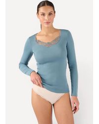 DAMART - Thermal Medium Warmth V-Neck Lace Trim Long-Sleeved T-Shirt - Lyst