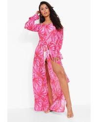 Boohoo - Pink Palm Chiffon Bardot Beach Dress - Lyst