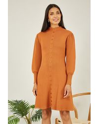 Yumi' - Mustard Knitted Button Up Midi Dress With Balloon Sleeves - Lyst