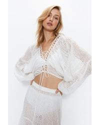 Warehouse - Broderie Lace Trim Ruched Balloon Sleeve Beach Top - Lyst