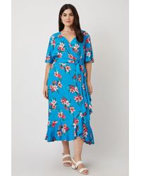 Wallis - Curve Blue Tropical Floral Wrap Midi Dress - Lyst