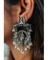 The Colourful Aura - Large Spiritual Ganesha Indian Statement Temple Oxidised Stud Vintage Earrings - Lyst
