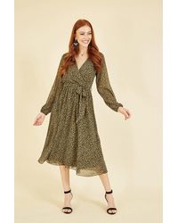 Mela - Khaki Animal Print Long Sleeve Midi Dress - Lyst