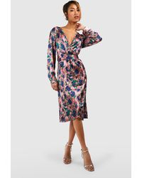 Boohoo - Floral Print Satin Wrap Midi Dress - Lyst