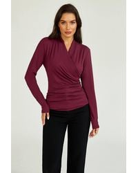 FS Collection - Long Sleeve Wrap Neck Ruched Top - Lyst