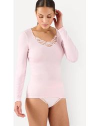 DAMART - Thermal Medium Warmth V-Neck Lace Trim Long-Sleeved T-Shirt - Lyst