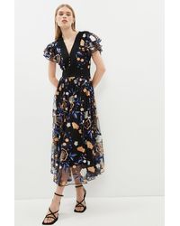Coast - Embroidered Mesh Midi Dress With Lace Trim - Lyst