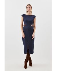 Karen Millen - Tailored Denim Tab Detail Cap Sleeve Midi Pencil Dress - Lyst