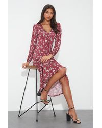 Dorothy Perkins - Berry Floral Texture Ruched Front Midi Dress - Lyst