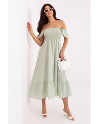 Love Lace - Viscose Flared Short Sleeve Bardot Dress - Lyst