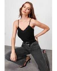 WOVCOR - Lace Detail V-Neck Strappy Stretch Knit Blouse - Lyst