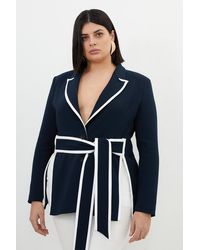 Karen Millen - Plus Size Compact Stretch Tailored Belted Tipped Blazer - Lyst