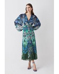 Karen Millen - Petite Mirrored Ombre Floral Pleat Drama Woven Midi Dress - Lyst