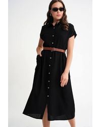 MixRay - Midi Dress With Belt Detail & Buttoned Collar - Lyst