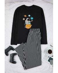 WOVCOR - 2 Piece Cotton Pajama Set With Astronaut Print & Stripe Detail - Lyst