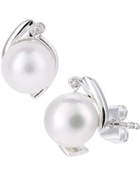 Jewelco London - 9Ct 1Pts Diamond Pearl 6.5Mm Cupped Moon Stud Earrings - Lyst