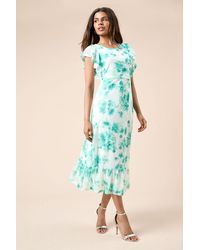 Dorothy Perkins - Petite Floral Frill Sleeve Belt Detail Mesh Jersey Midi Dress - Lyst