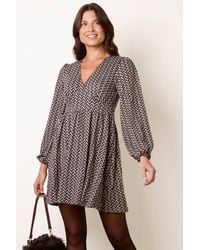 Blue Vanilla - Elasticated Waist Long Sleeve V-Neck Mini Dress - Lyst