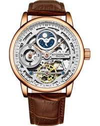 Stuhrling - Stuhrling 3917 Automatic Skeleton Watch Dual Time Subdial, Am/Pm Indicator, & Alligator-Embossed Leather Strap For - Lyst