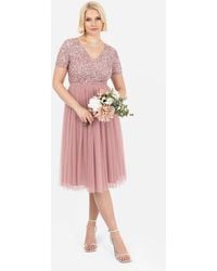 Maya Deluxe - Short Sleeve V Neck Embellished Midi Dress - Lyst