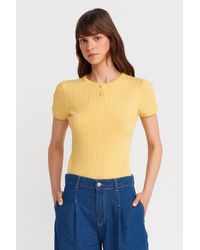 Dilvin - Ribbed Short-Sleeve Button Blouse - Lyst