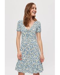 Dorothy Perkins - Ivory Blue Floral Ruched Fit And Flare Dress - Lyst