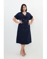 Karen Millen - Plus Size Linen Viscose Fluid Tailored Double Breasted Belted Midi Shirt Dress - Lyst