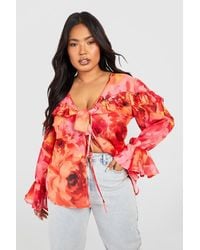 Boohoo - Plus Floral Ruffle Detail Tie Front Blouse - Lyst