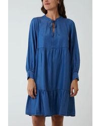 Hoxton Gal - Oversized Tie Detailed Knee Lenght Cotton Denim Smock Dress With Long Sleeves - Lyst