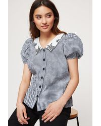 Dorothy Perkins - Petite Mono Gingham Top With Contrast Collar - Lyst
